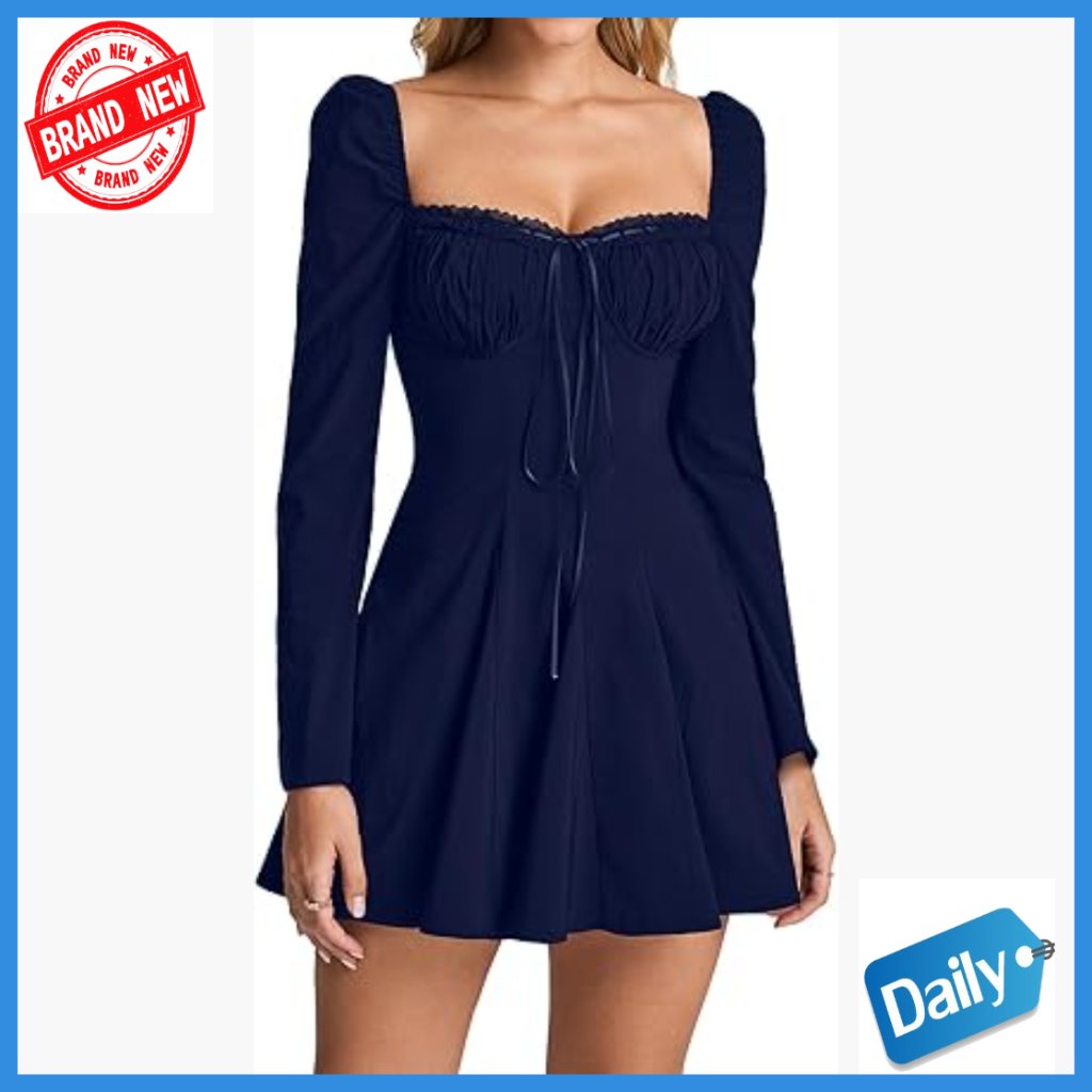 Long Sleeve Mini Dress Sweetheart Neckline A-Line Flowy Casual Party